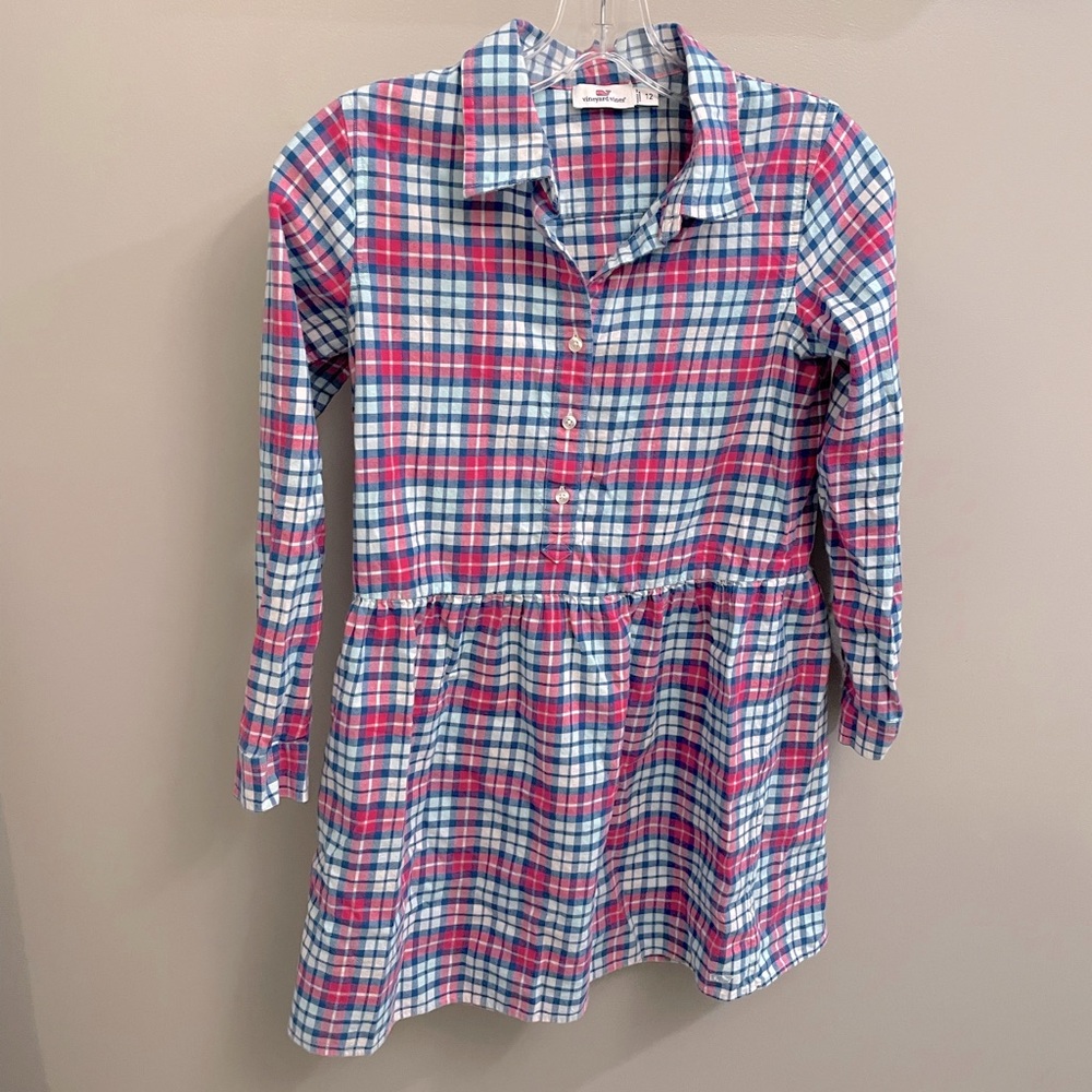 Vineyard Vines Soft Plaid Shirt Dress Girls Size 12 100% Cotton Blue Pink White